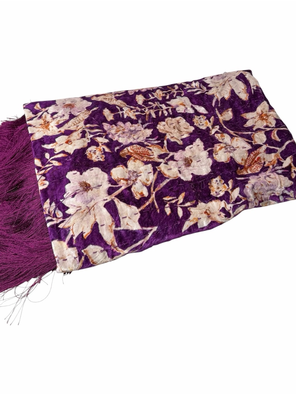 Anthropologie Valentina Velvet Purple Floral Fringe Throw Blanket 50"X60" -AS IS